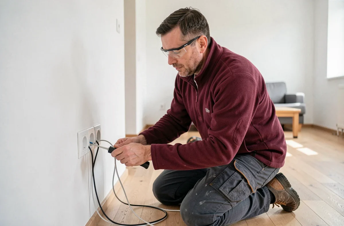 Électricien Confort Elec Vosges installant des prises murales dans un salon rénové dans les Vosges
