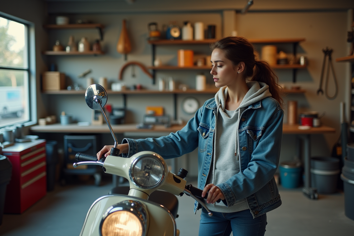 Jeune femme vérifiant une moto 125 Dax dans un garage