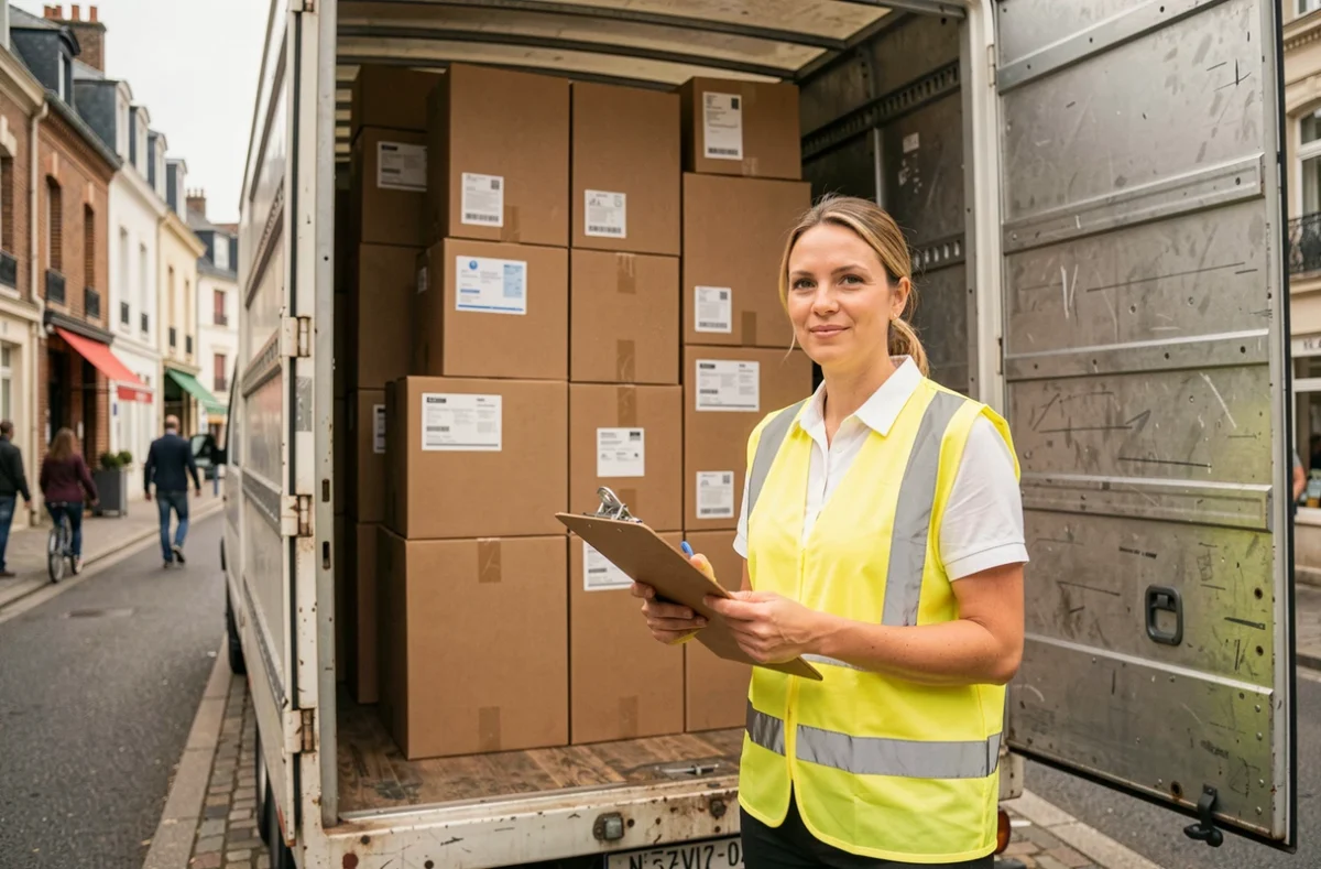 Coordinatrice de déménagement supervisant le chargement de cartons et de meubles dans un camion de déménagement en centre-ville de Caen dans le Calvados