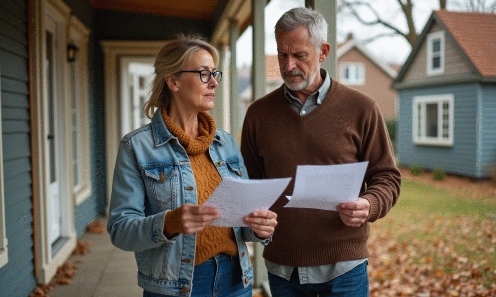 Couple d'âge moyen sur le porche d'une maison de banlieue en automne