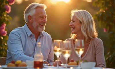 Couple souriant lors d'un dîner en plein air dans un jardin en fleurs