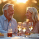 Couple souriant lors d'un dîner en plein air dans un jardin en fleurs