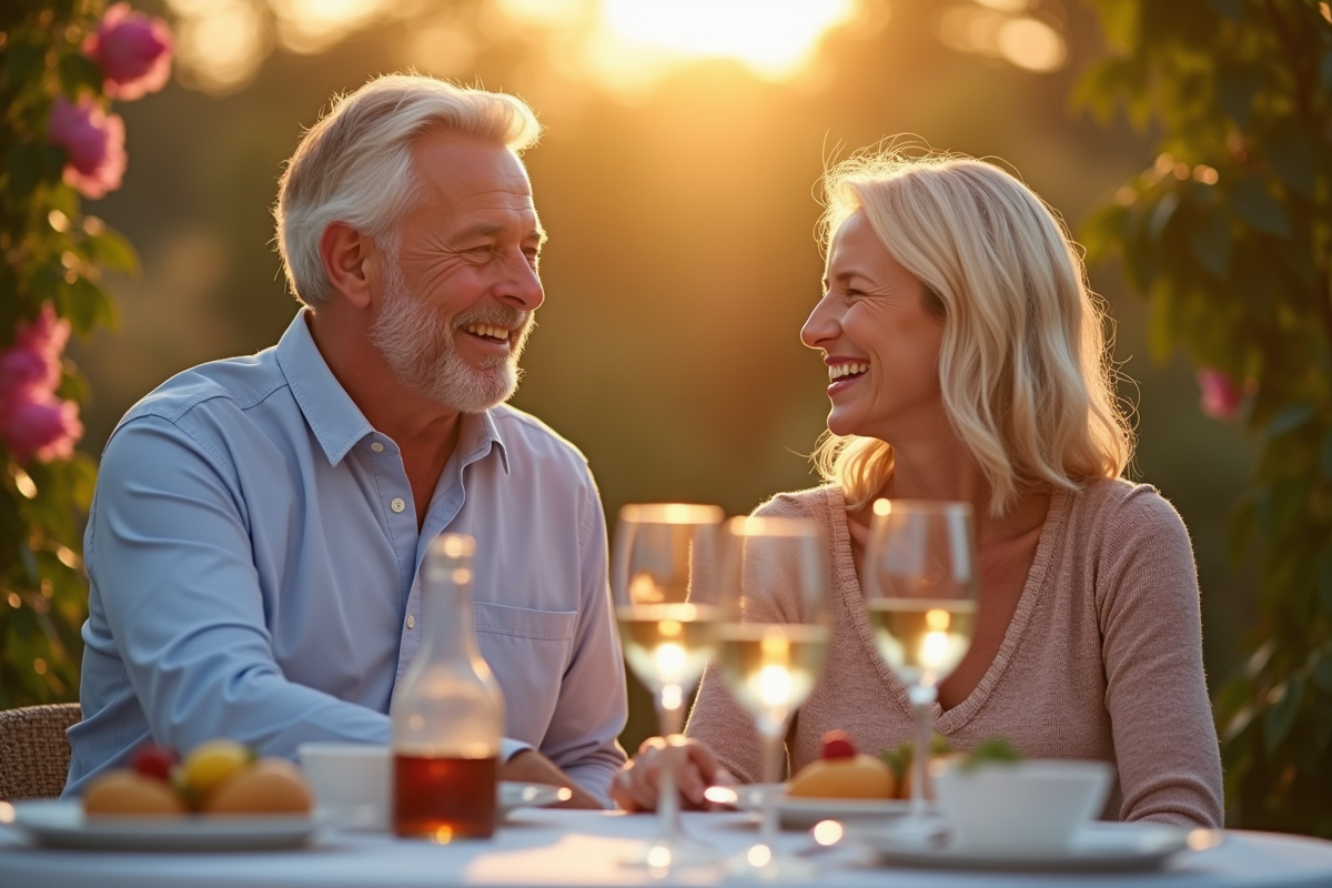 Couple souriant lors d'un dîner en plein air dans un jardin en fleurs