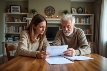 Couple d'adultes lisant des documents immobiliers à la maison