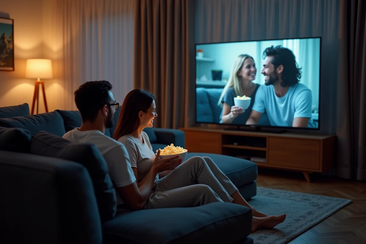 Couple regardant un film en streaming ensemble sur leur télévision dans un salon chaleureux avec du popcorn