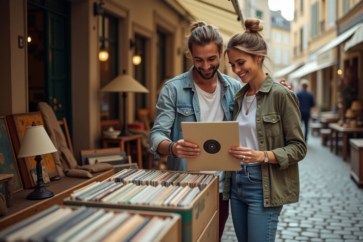 Jeune couple feuilletant des vinyles anciens lors d'un vide-grenier dans le Lot et l'Aveyron