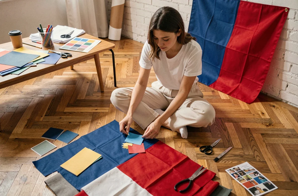 Jeune femme créant un concept original de drapeau bleu et rouge avec du papier et des tissus à la maison
