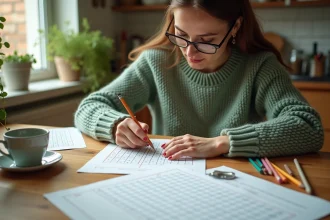 Femme créant des mots croisés pour enfants avec des grilles dessinées à la main et des crayons colorés sur une table en bois