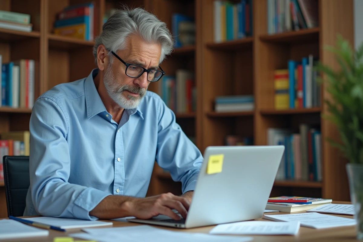 Homme utilisant un logiciel de création de mots croisés pédagogiques pour enfants dans un bureau à domicile organisé