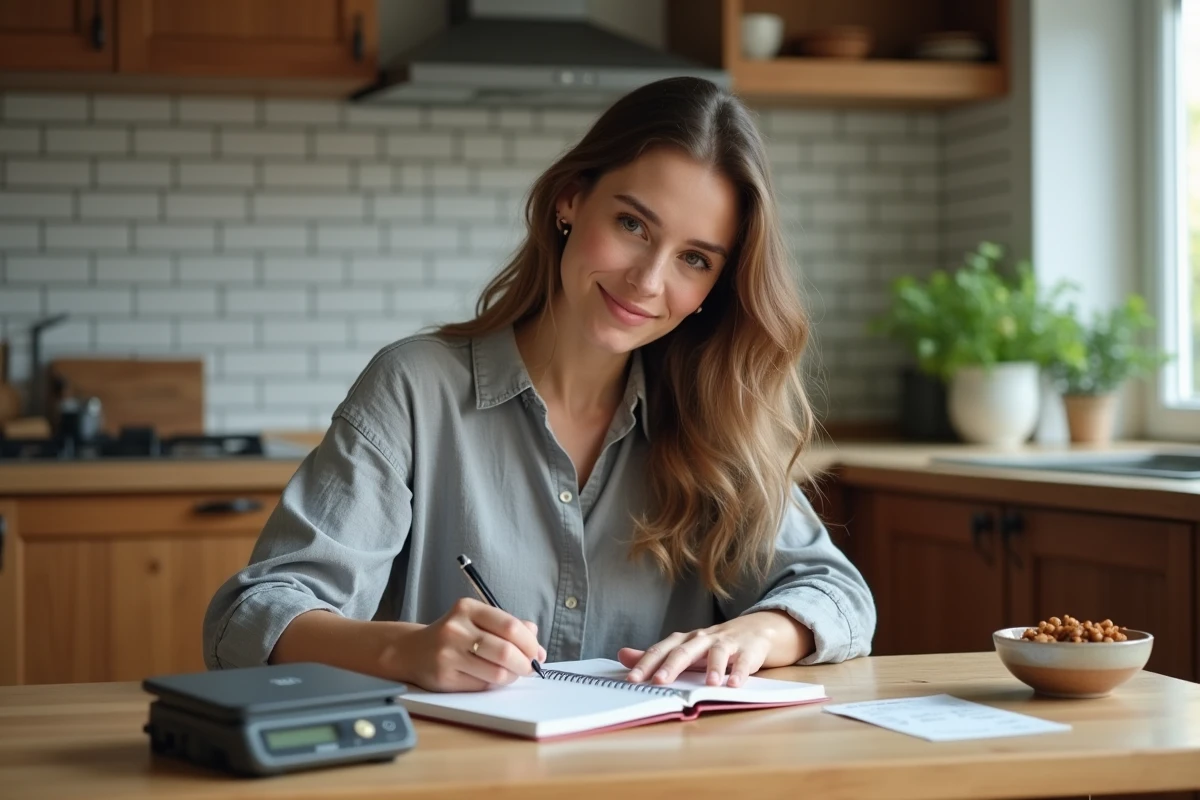 Femme rédigeant un tableau de conversion de kilogrammes en grammes dans un carnet posé sur une table en bois à côté d'une balance de cuisine numérique