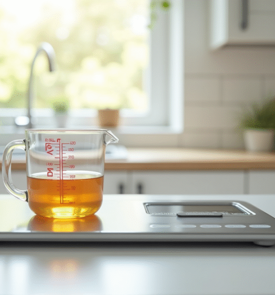 Cuisine moderne avec verre doseur et balance numérique