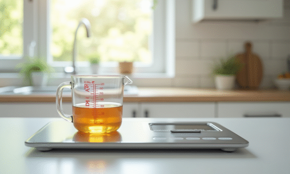 Cuisine moderne avec verre doseur et balance numérique