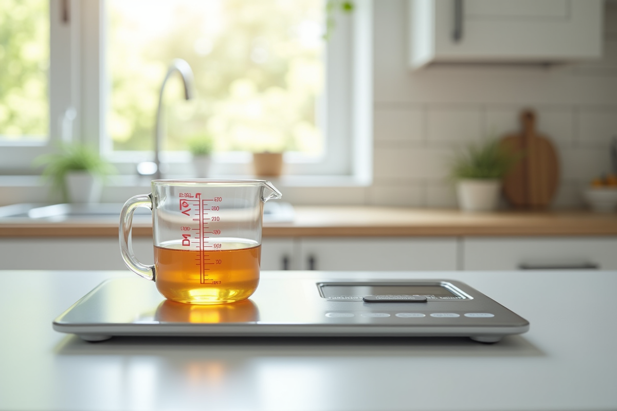 Cuisine moderne avec verre doseur et balance numérique
