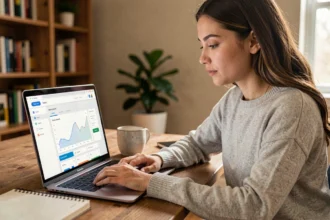 Jeune femme débutante consultant le site Phoenixscan sur un ordinateur portable dans un bureau à domicile
