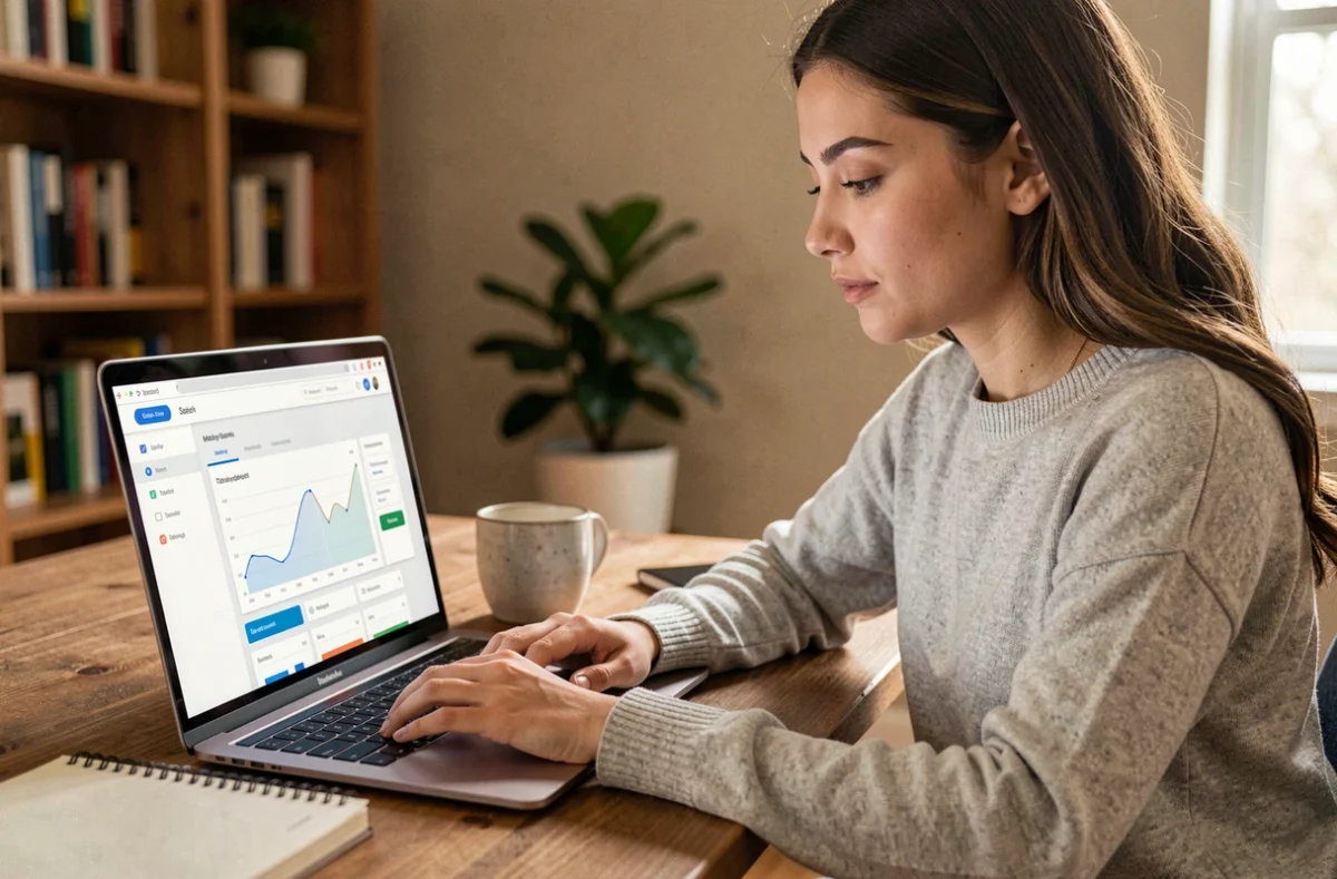 Jeune femme débutante consultant le site Phoenixscan sur un ordinateur portable dans un bureau à domicile