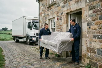 Deux déménageurs professionnels en uniforme transportant un canapé emballé dans une maison en pierre normande dans le Calvados avec un camion de déménagement blanc garé dans la rue