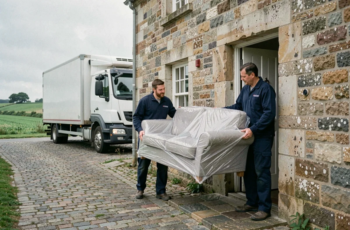 Deux déménageurs professionnels en uniforme transportant un canapé emballé dans une maison en pierre normande dans le Calvados avec un camion de déménagement blanc garé dans la rue