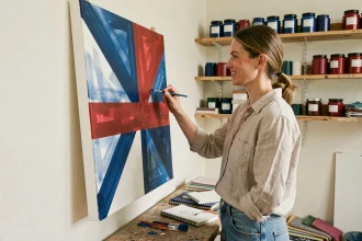 Designer peignant un drapeau bleu et rouge original sur toile dans un atelier créatif