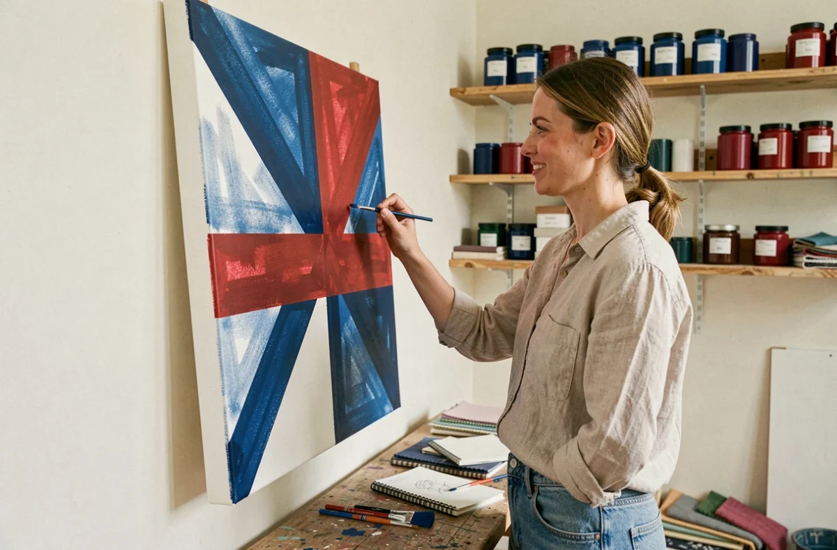 Designer peignant un drapeau bleu et rouge original sur toile dans un atelier créatif