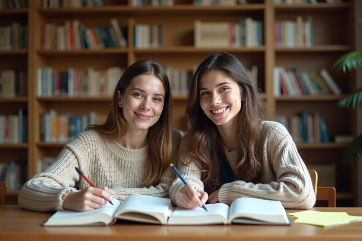 Deux jeunes femmes étudiant ensemble les règles d'accord du français dans une bibliothèque universitaire, penchées sur un livre de grammaire ouvert