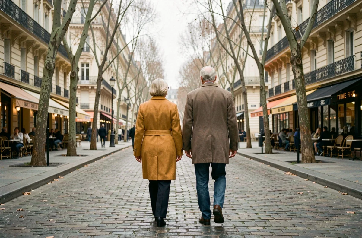 Deux personnalités publiques marchant côte à côte dans une rue parisienne en automne, photographie de rue style journalistique