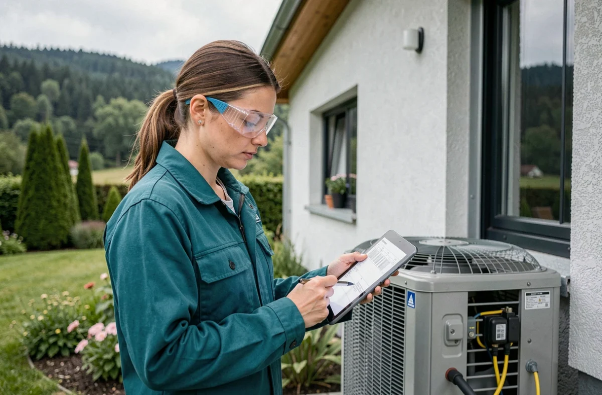 Technicienne Elec'Confort vérifiant l'installation d'une pompe à chaleur dans une maison des Vosges