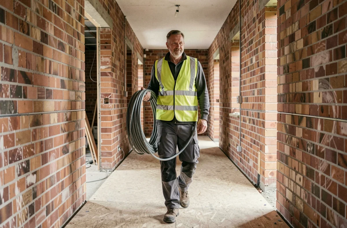 Électricien Electricite Immo Services portant des câbles dans un appartement en rénovation dans les Vosges