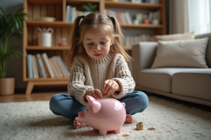 Jeune fille dépose des pièces dans une tirelire dans un salon chaleureux
