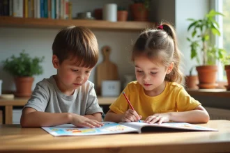 Deux enfants jouent à un jeu de différence sur la table