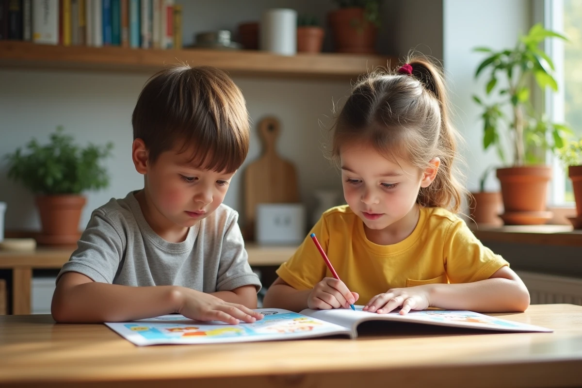 Deux enfants jouent à un jeu de différence sur la table