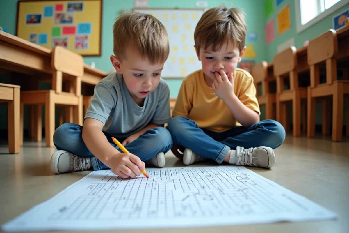 Deux enfants résolvant ensemble des mots croisés adaptés à leur niveau sur le sol d'une salle de classe colorée