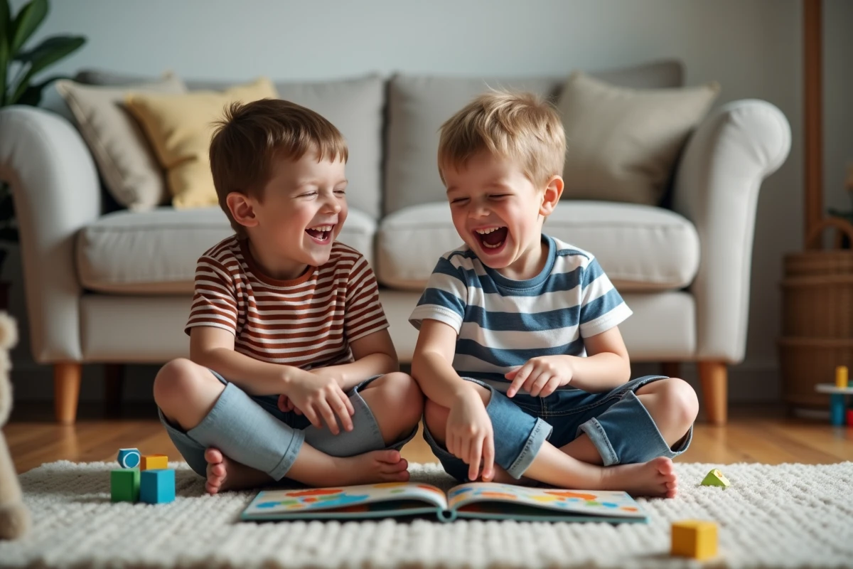 Deux jeunes enfants qui rient en lisant ensemble un album illustré humoristique pour tout-petits