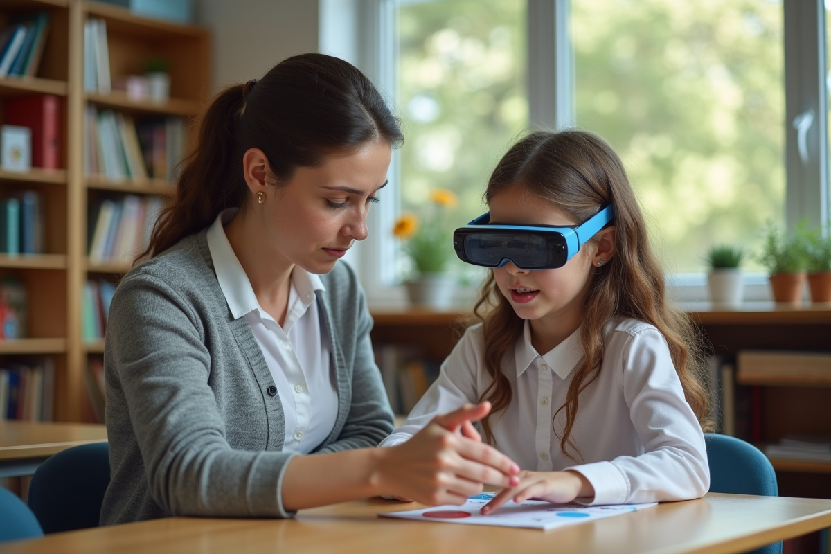 Enseignante aidant une élève avec des lunettes AR en classe