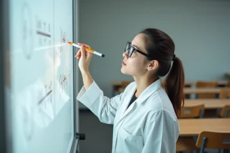 Enseignante écrivant une formule de force physique au tableau blanc dans une salle de classe universitaire moderne