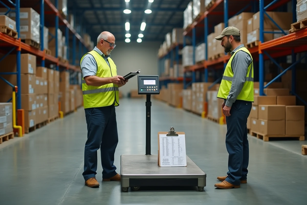 Agent logistique en entrepôt consultant un tableau de conversion kilogrammes sur presse-papiers devant une balance industrielle au sol chargée de colis