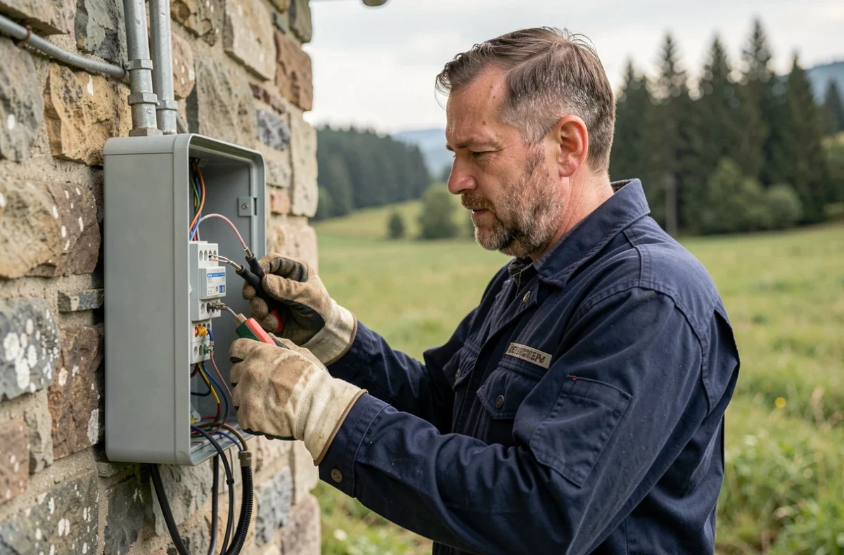 Électricien Entreprise Meurant câblant un coffret de compteur sur une ferme en pierre dans la campagne vosgienne