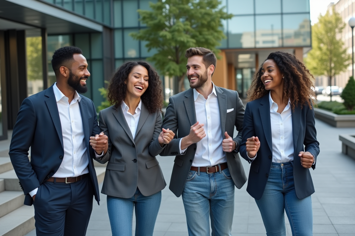 Groupe de quatre jeunes professionnels dehors en tenue décontractée