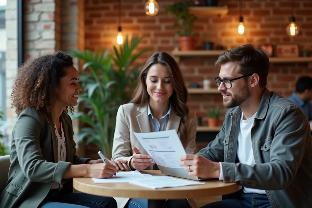 Équipe de professionnels du marketing digital en discussion autour de rapports d'analyse dans un espace de co-working