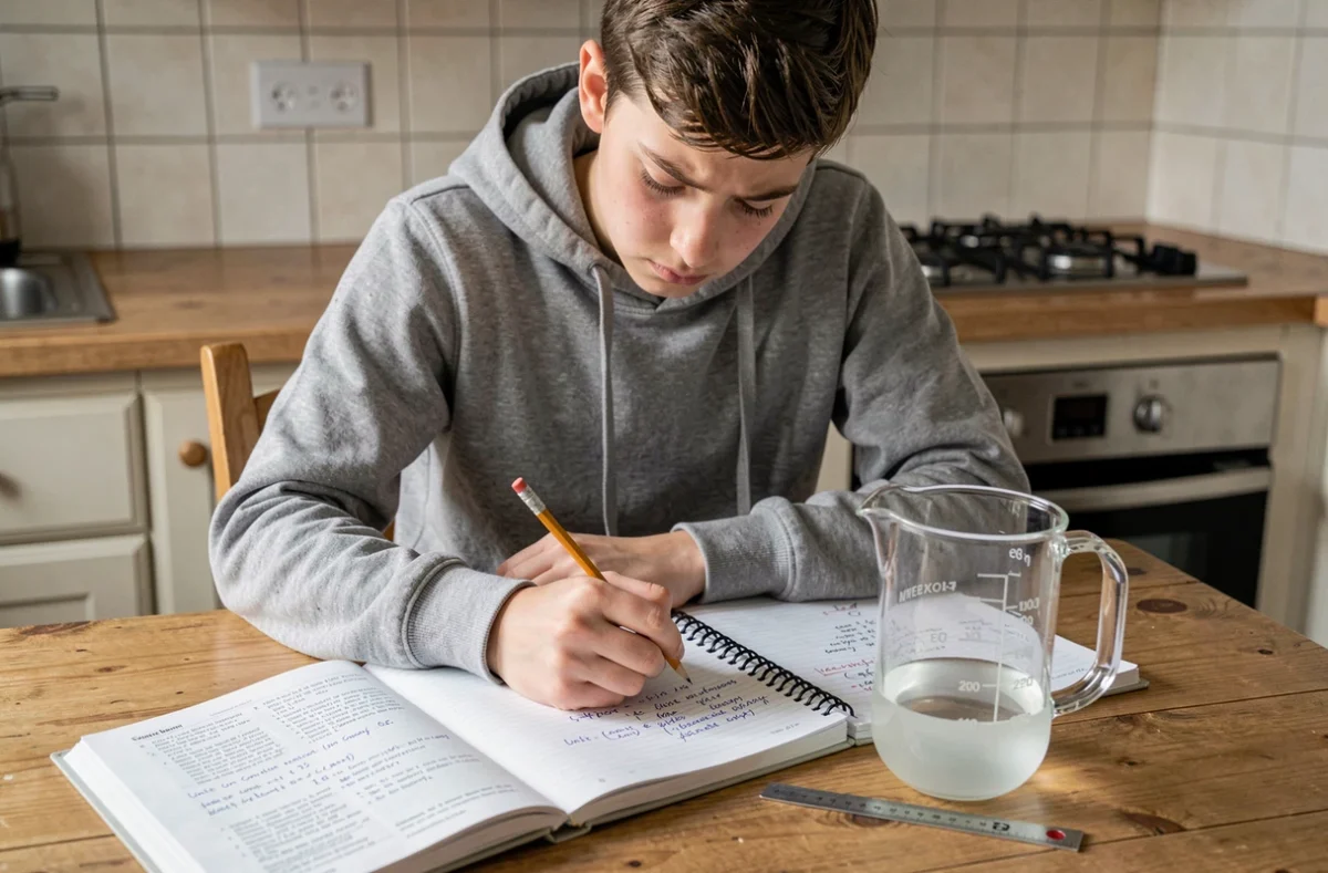 Adolescent révisant la conversion litres mètre cube avec un cahier de maths et un récipient gradué sur une table de cuisine