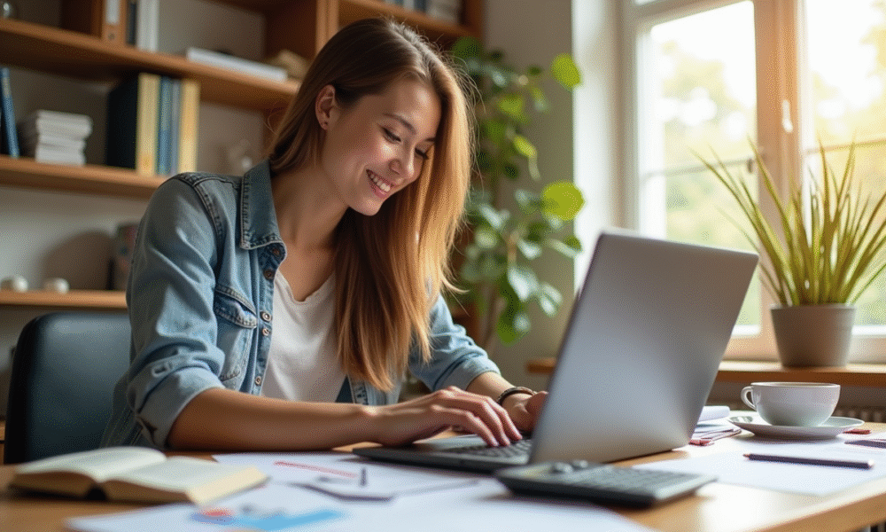 Étudiant souriant en finance à l'université avec ordinateur et documents