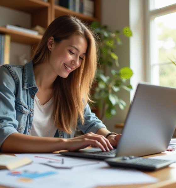 Étudiant souriant en finance à l'université avec ordinateur et documents