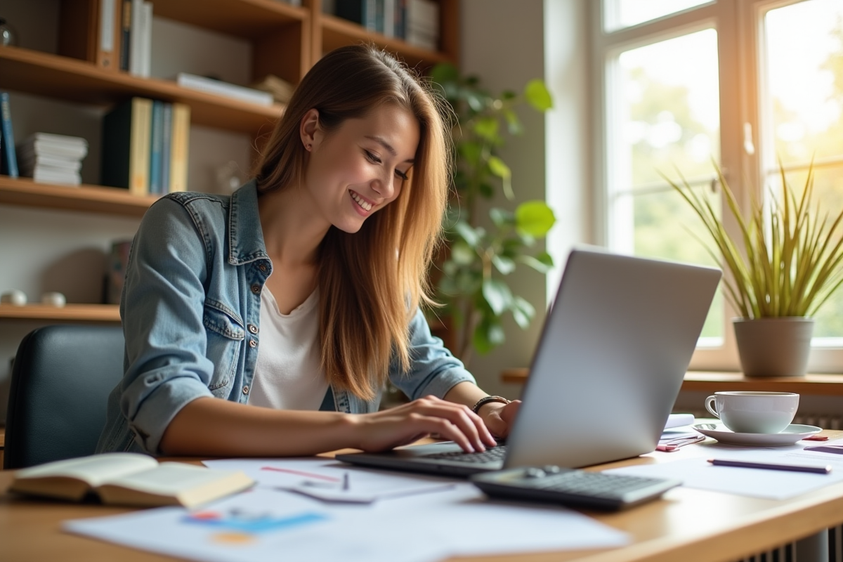 Étudiant souriant en finance à l'université avec ordinateur et documents