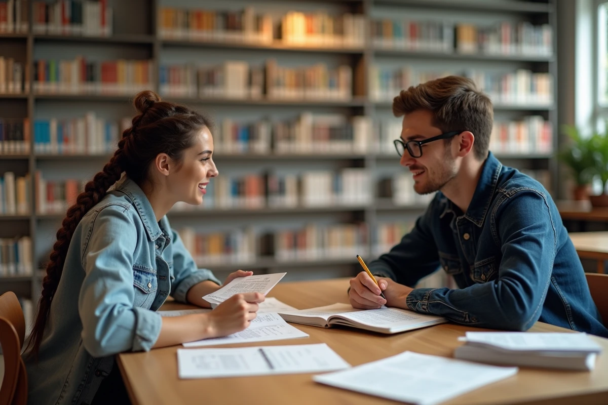 Deux étudiants se testant mutuellement sur les capitales américaines avec des fiches à la bibliothèque