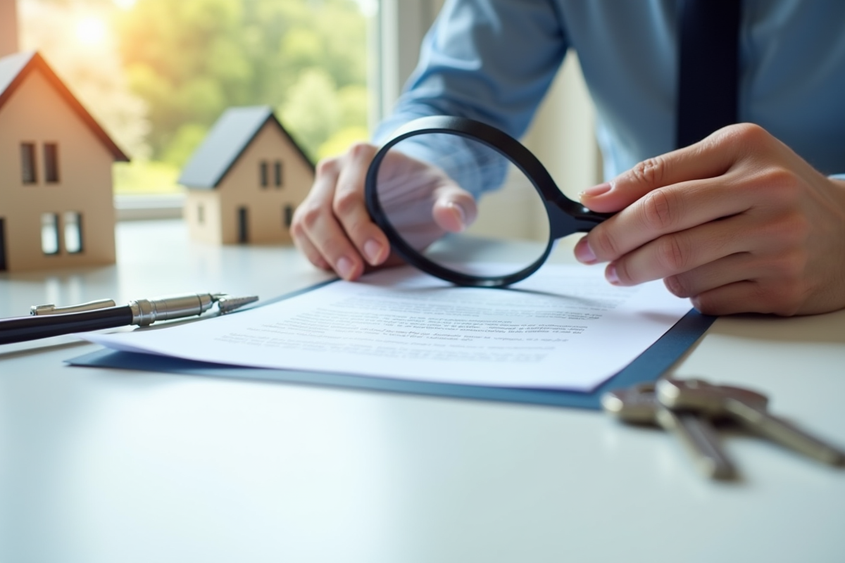 Personne examinant un contrat immobilier avec une loupe