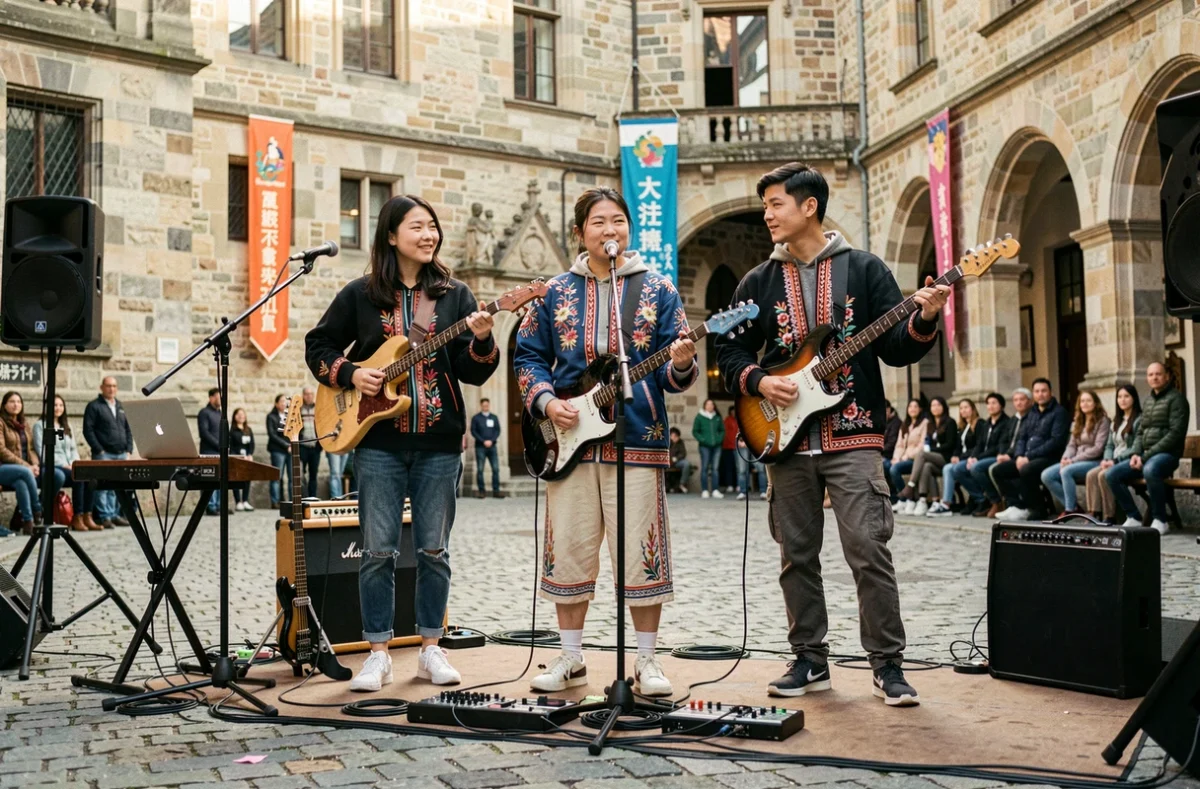 Groupe de musiciens sino-occidentaux en concert dans une place européenne, illustrant la réinvention du voyage en occident par Exorcism Records