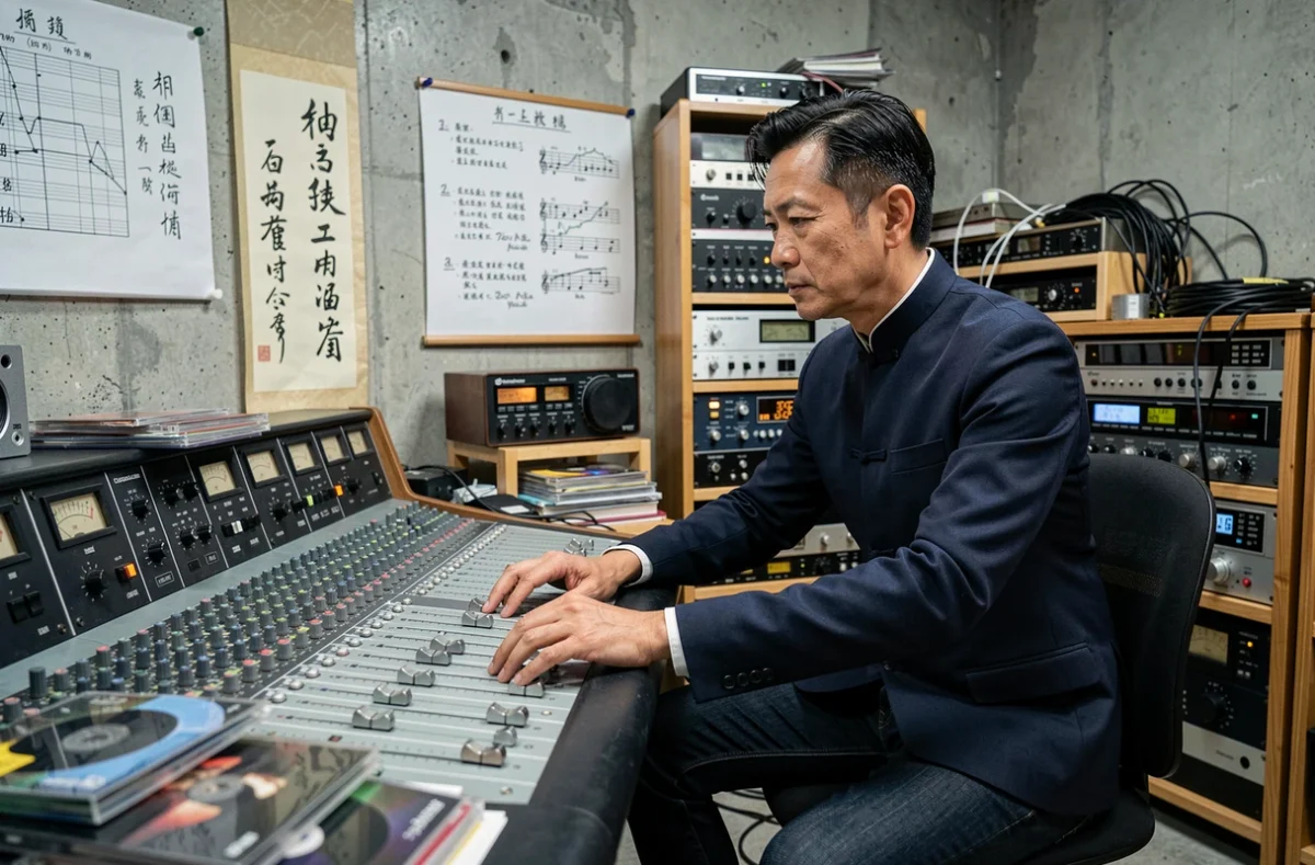 Producteur de musique asiatique en studio d'enregistrement occidental, mêlant instruments traditionnels et technologie audio moderne pour réinventer le voyage en occident
