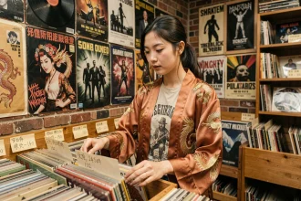 Jeune femme asiatique explorant des vinyles dans un magasin de disques occidental, fusion entre culture traditionnelle chinoise et esthétique rock underground