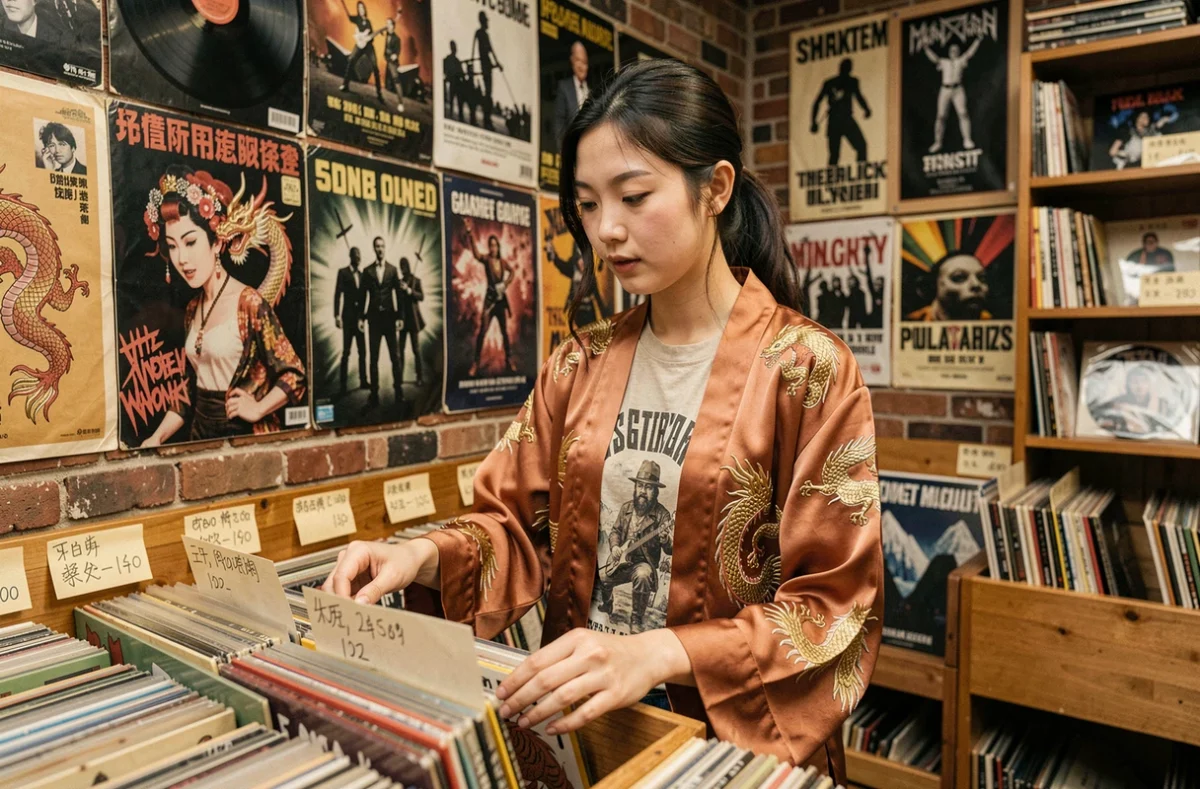 Jeune femme asiatique explorant des vinyles dans un magasin de disques occidental, fusion entre culture traditionnelle chinoise et esthétique rock underground