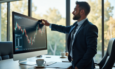 Expert financier pointant un graphique boursier en croissance
