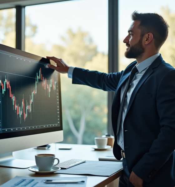 Expert financier pointant un graphique boursier en croissance